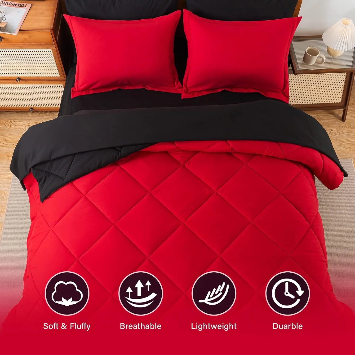 Cosybay Bed in a Bag Queen Reversible Comforter Sets 7pcs All Season Down Alternative Bedding Sets Red and Black with Comforter, Pillow Shams, Flat Sheet, Fitted Sheet and Pillowcase