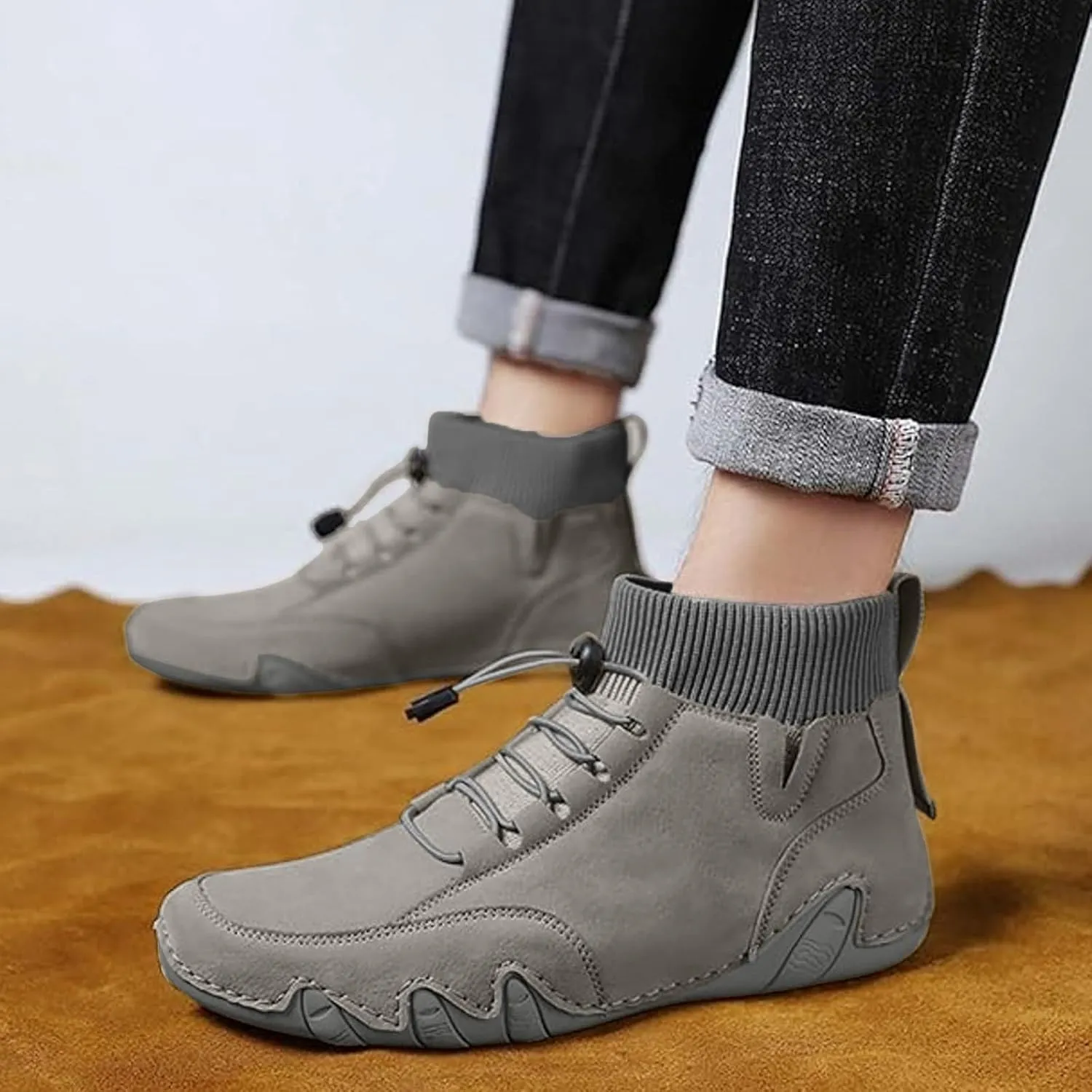Couple's High Top Casual Shoes Casual Leather Water Proof Boots Splicing Leather Shoes Soft Soled Semi Casual Shoes Men
