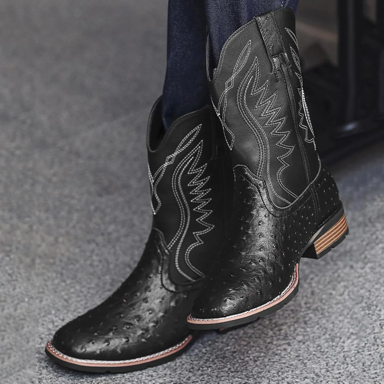 Cowboy Boots for Men Square Toe Classic Embroidered Crocodile Print Western Boot Wide Calf