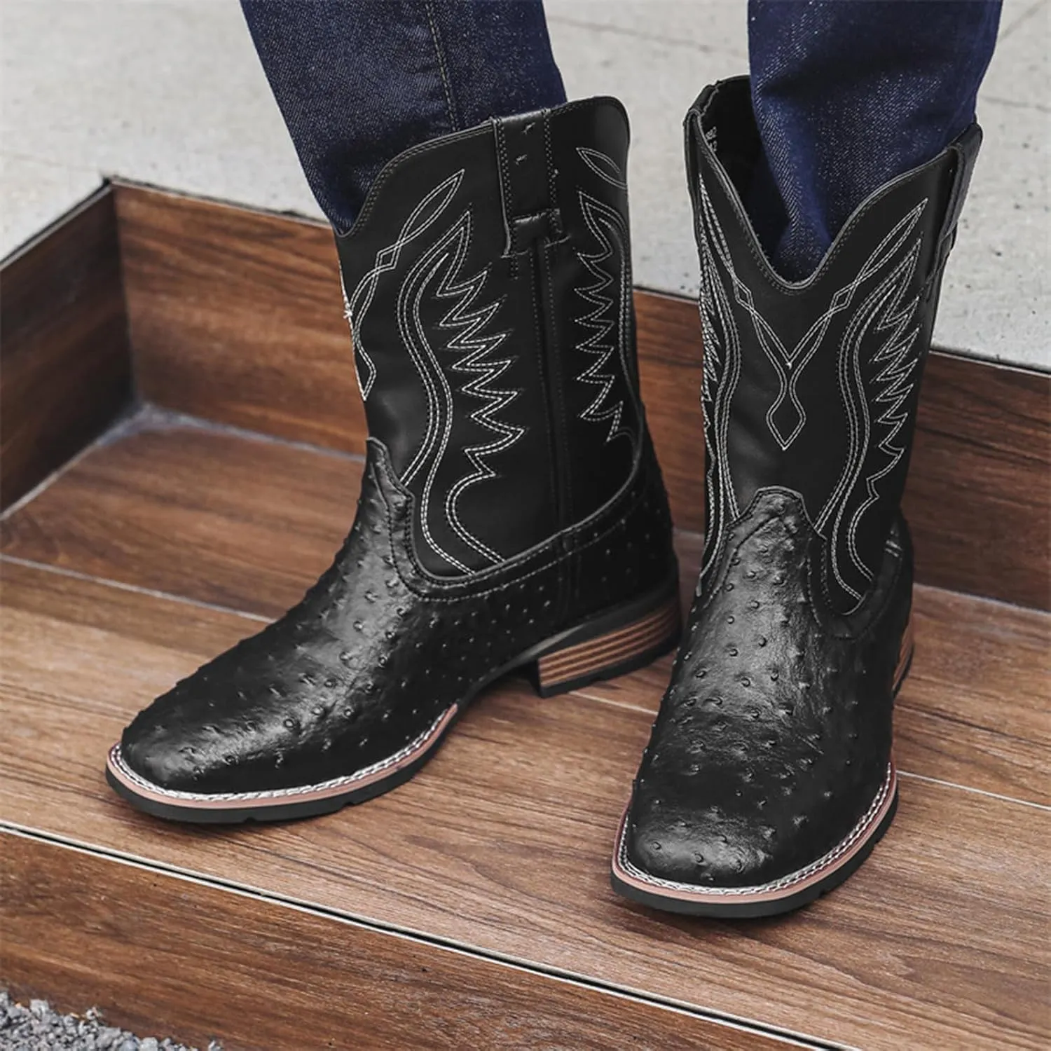 Cowboy Boots for Men Square Toe Classic Embroidered Crocodile Print Western Boot Wide Calf