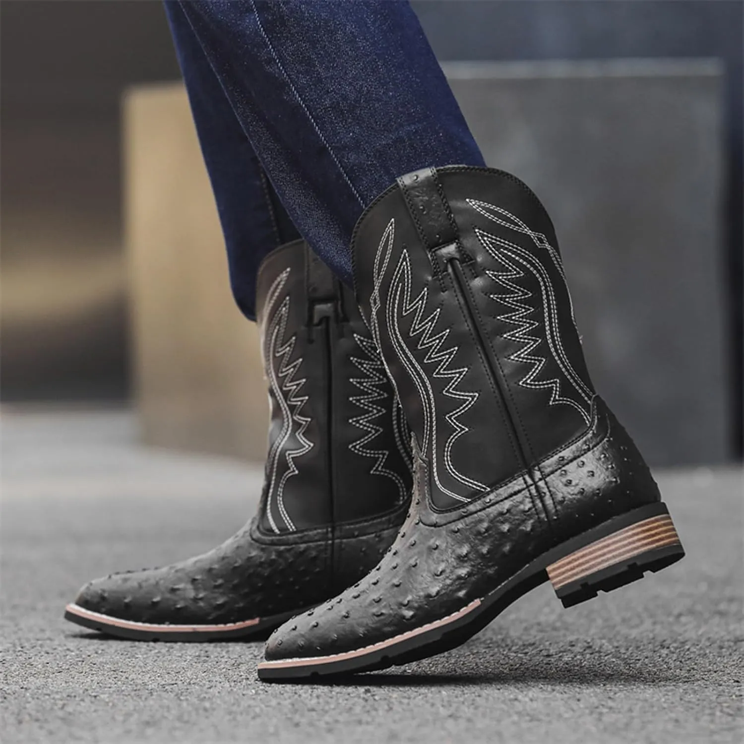 Cowboy Boots for Men Square Toe Classic Embroidered Crocodile Print Western Boot Wide Calf