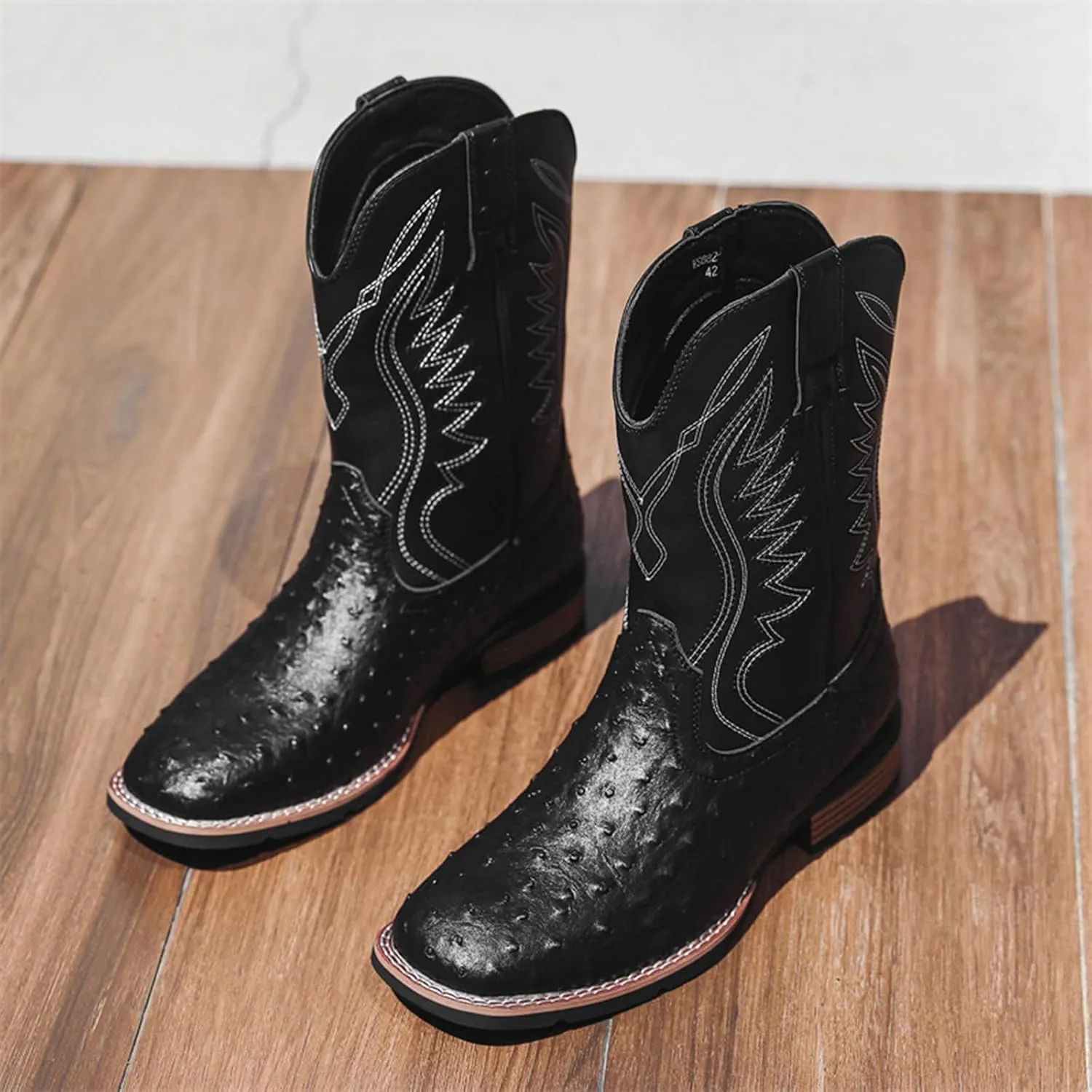 Cowboy Boots for Men Square Toe Classic Embroidered Crocodile Print Western Boot Wide Calf