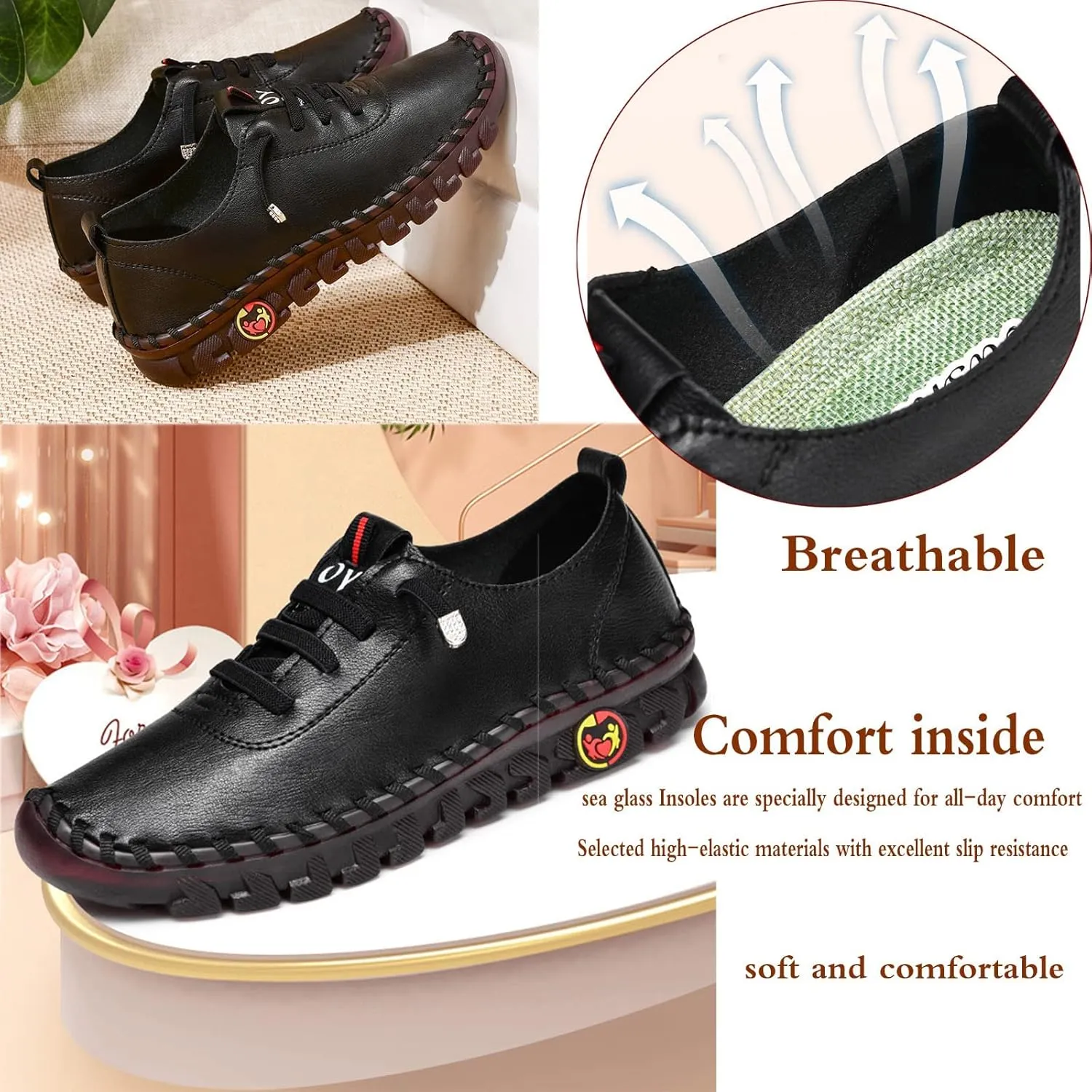 CrazySavage Women's Leather Soft Beef Tendon Flat Bottom Loafers Slip-on Handmade Round Toe Non-Slip Breathable Mom Leisure Walk Shoes