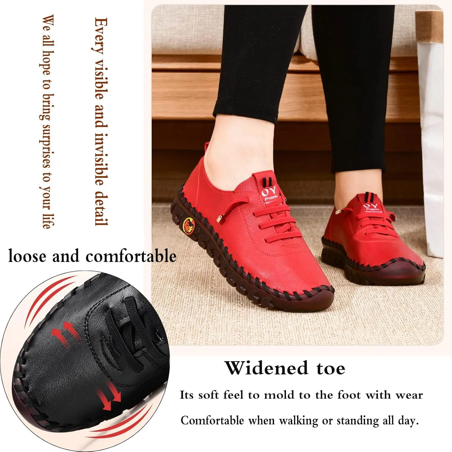 CrazySavage Women's Leather Soft Beef Tendon Flat Bottom Loafers Slip-on Handmade Round Toe Non-Slip Breathable Mom Leisure Walk Shoes
