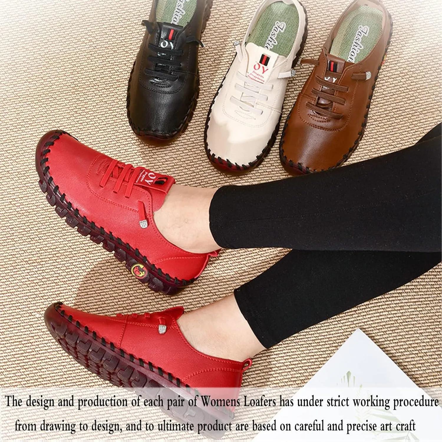 CrazySavage Women's Leather Soft Beef Tendon Flat Bottom Loafers Slip-on Handmade Round Toe Non-Slip Breathable Mom Leisure Walk Shoes