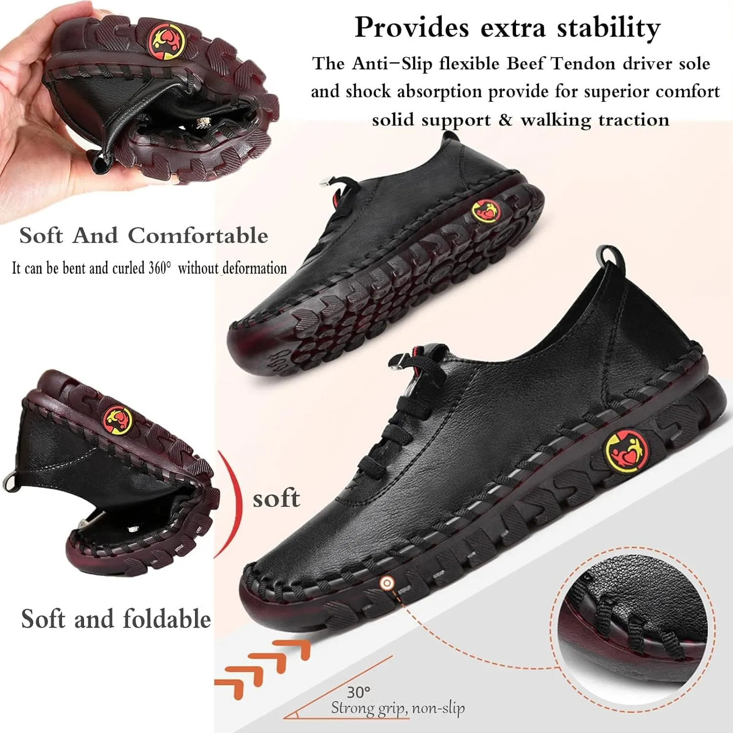 CrazySavage Women's Leather Soft Beef Tendon Flat Bottom Loafers Slip-on Handmade Round Toe Non-Slip Breathable Mom Leisure Walk Shoes