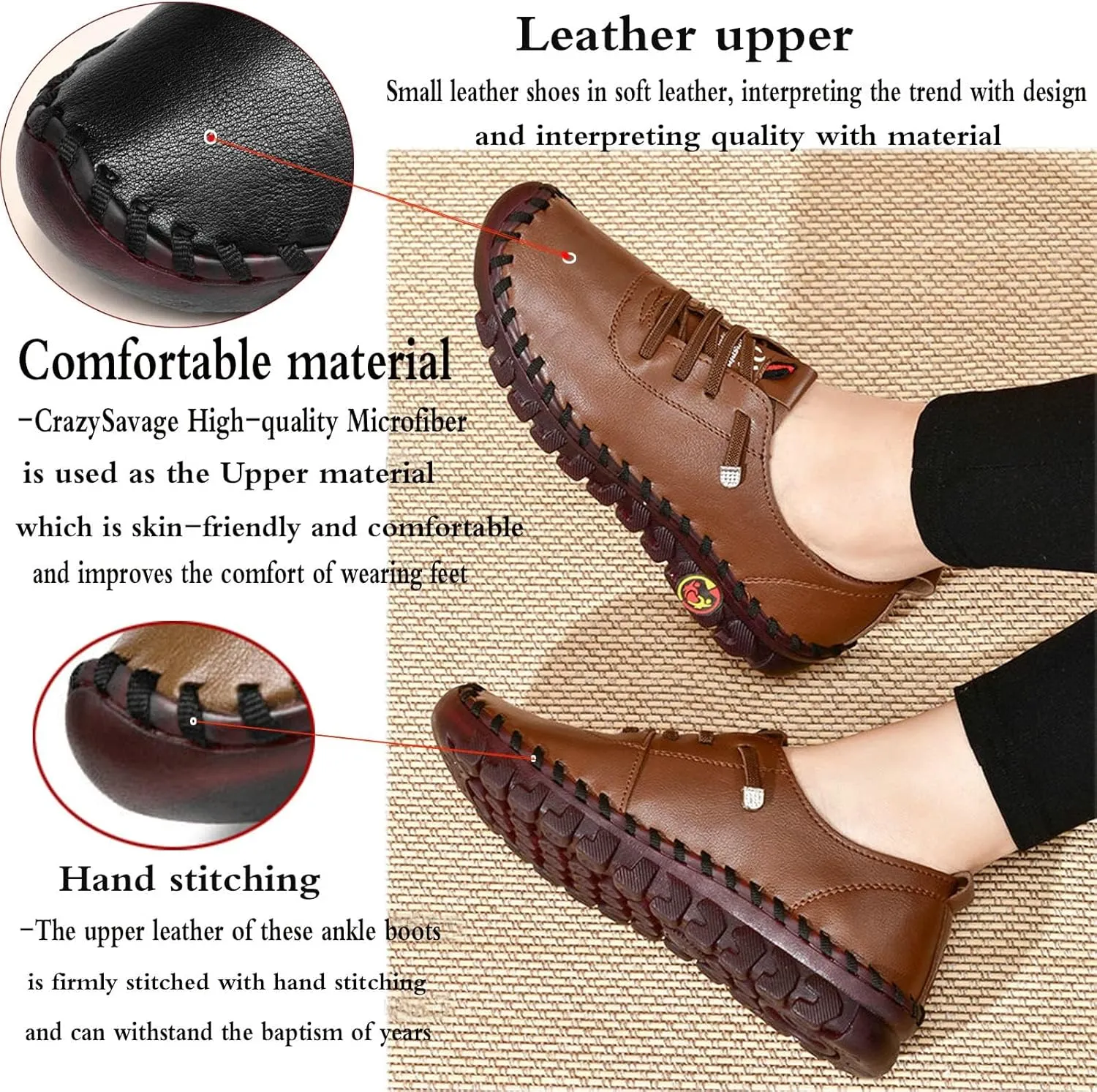 CrazySavage Women's Leather Soft Beef Tendon Flat Bottom Loafers Slip-on Handmade Round Toe Non-Slip Breathable Mom Leisure Walk Shoes