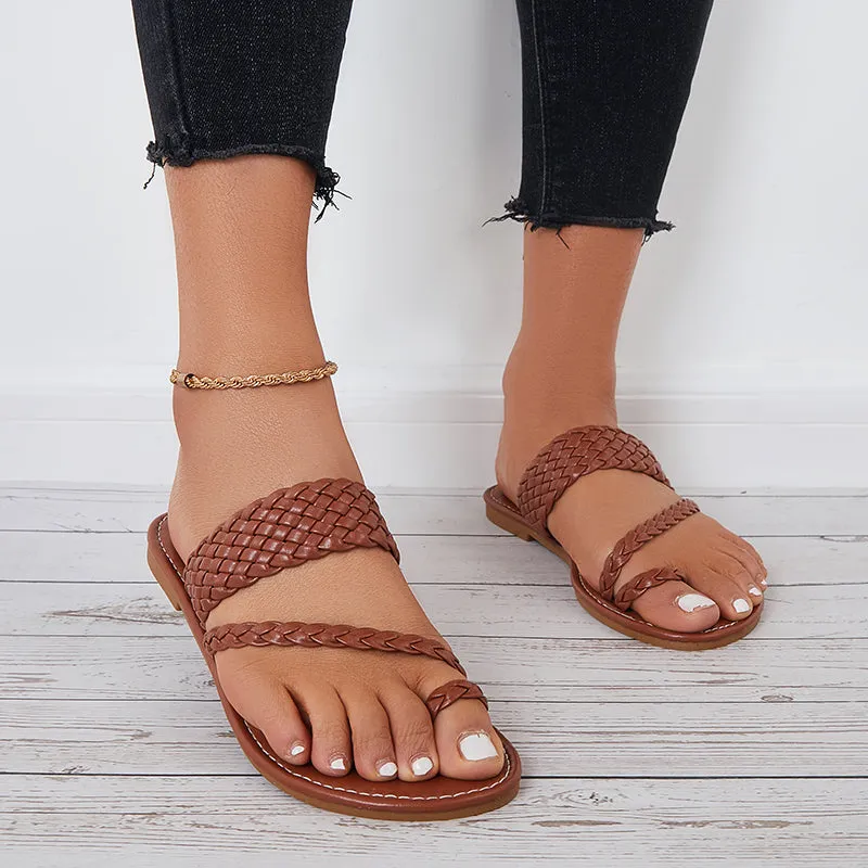 Cross-border shipping Trendy Loop Slippers Toe Braided Slide Beach Sandals Wide Flat