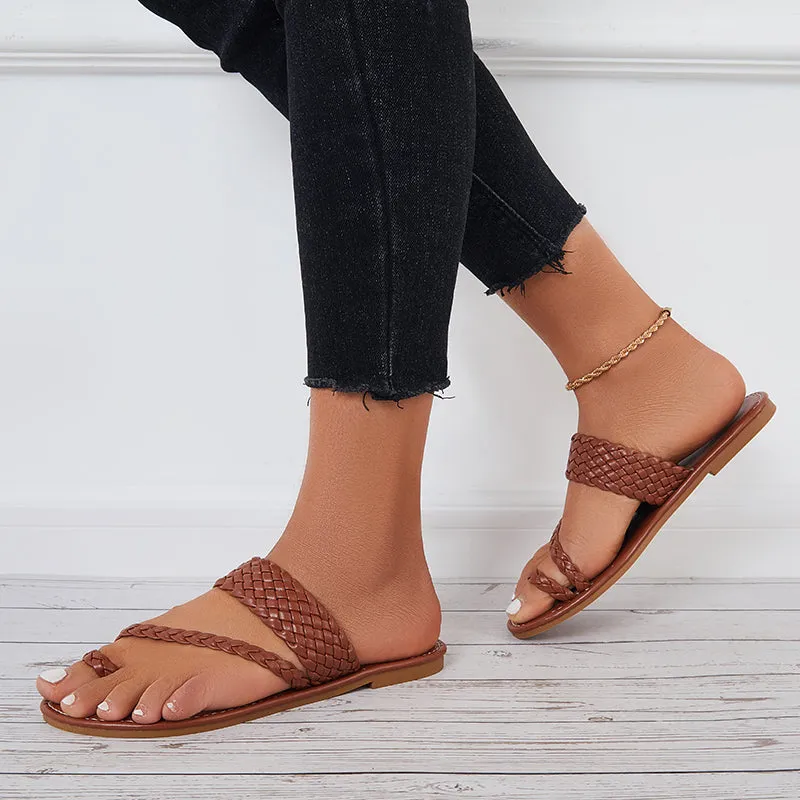 Cross-border shipping Trendy Loop Slippers Toe Braided Slide Beach Sandals Wide Flat