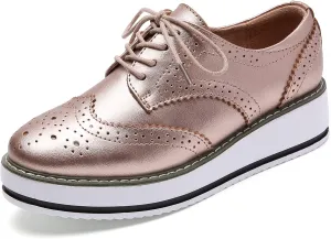 DADAWEN Women's Platform Lace-Up Wingtips Square Toe Oxfords Shoe