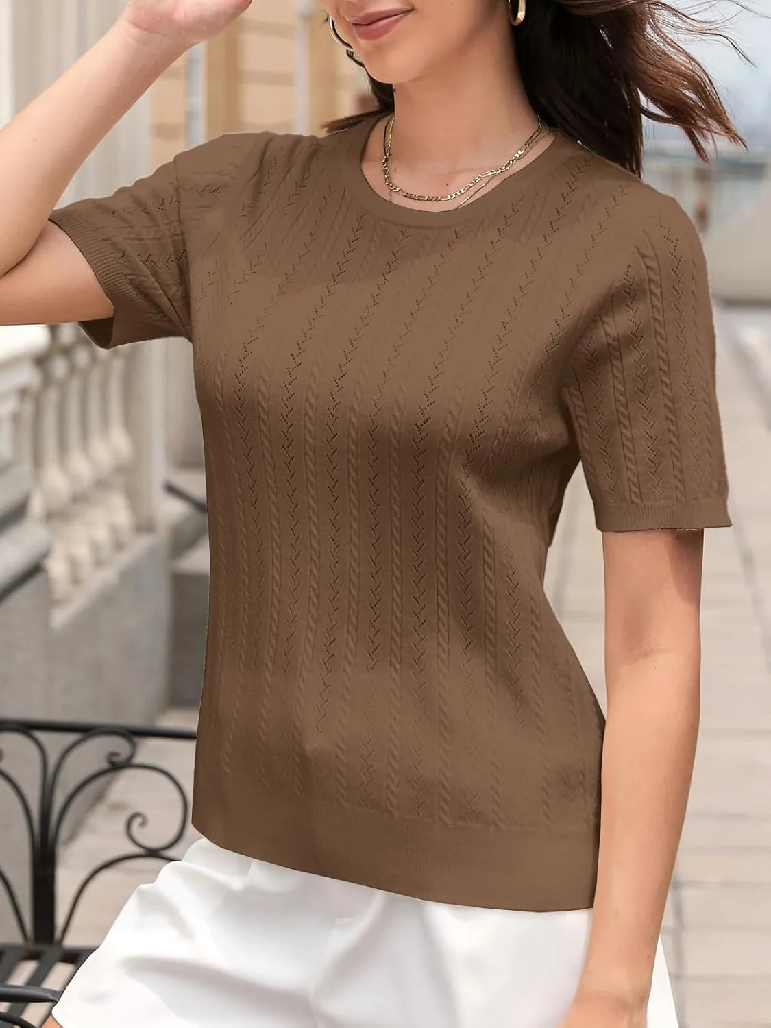 DAIMIDY Women's Short Sleeve Sweaters Hollow Out Summer Sweater Lightweight Cable Knit Pullover Tops