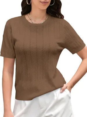 DAIMIDY Women's Short Sleeve Sweaters Hollow Out Summer Sweater Lightweight Cable Knit Pullover Tops