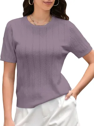 DAIMIDY Women's Short Sleeve Sweaters Hollow Out Summer Sweater Lightweight Cable Knit Pullover Tops