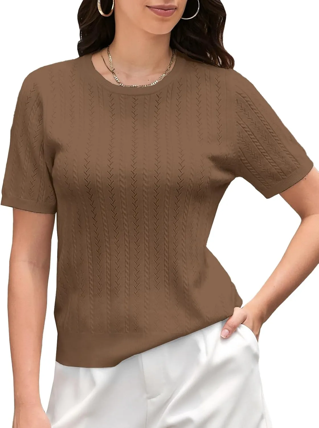 DAIMIDY Women's Short Sleeve Sweaters Hollow Out Summer Sweater Lightweight Cable Knit Pullover Tops