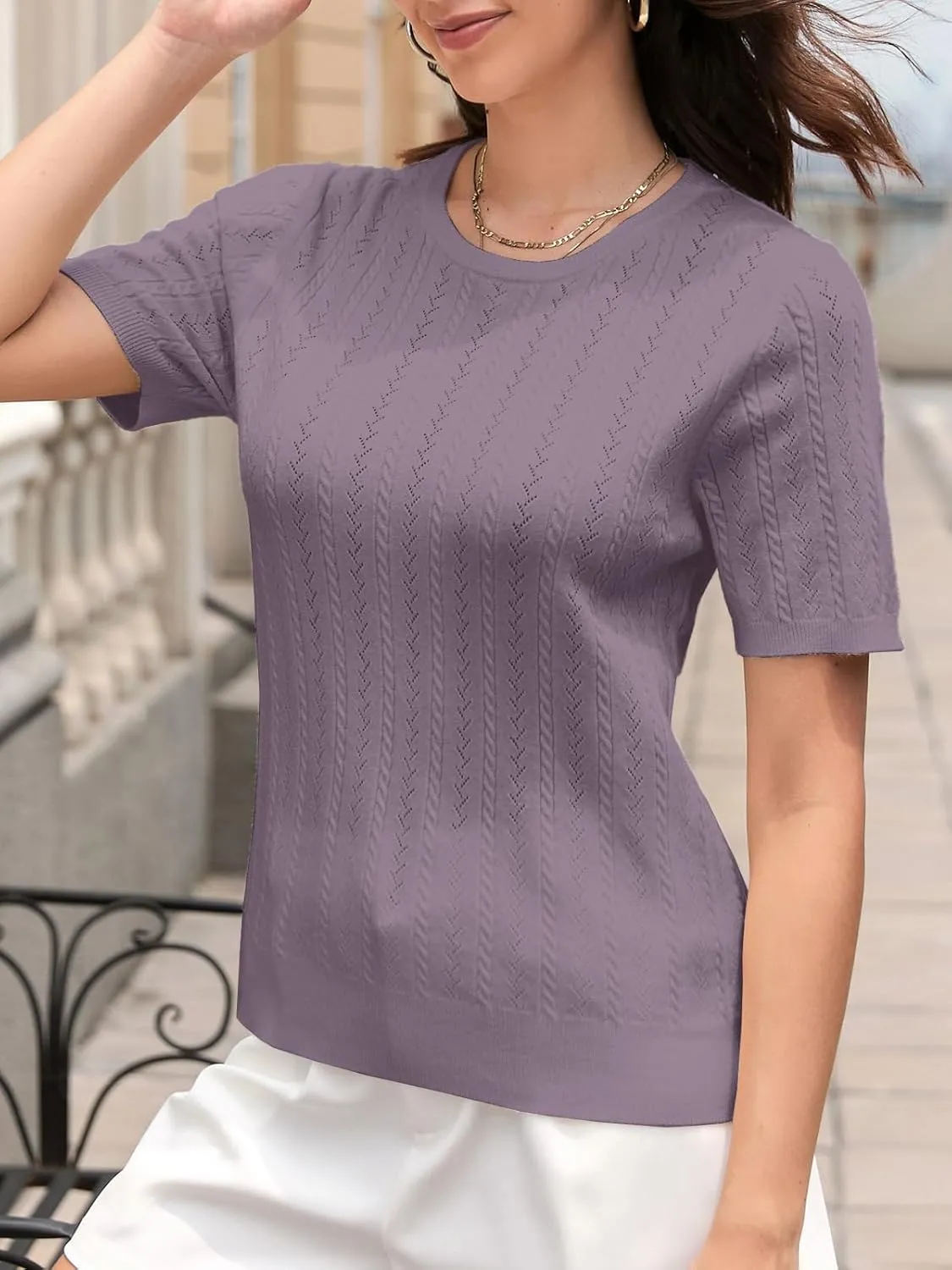 DAIMIDY Women's Short Sleeve Sweaters Hollow Out Summer Sweater Lightweight Cable Knit Pullover Tops