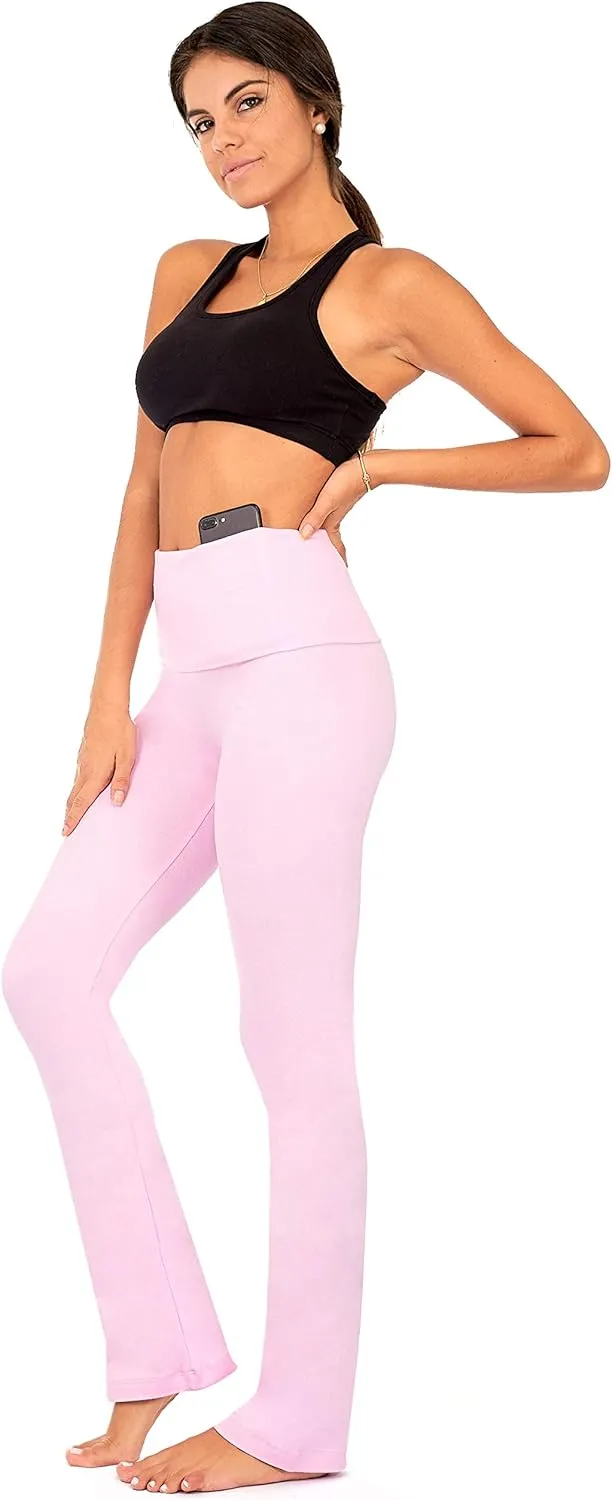 DEAR SPARKLE Bootcut Fold Over Leggings for Women | Slim Look Bootleg Yoga Pants w Pocket   Plus Size (C5 F)