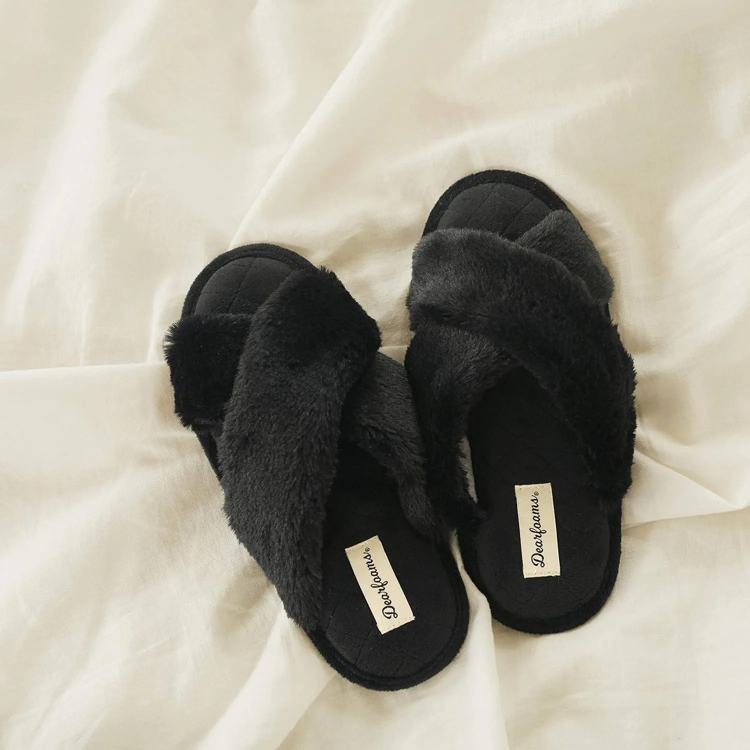 Dearfoams Women's Jessica Furry Cross Band Slide Slipper