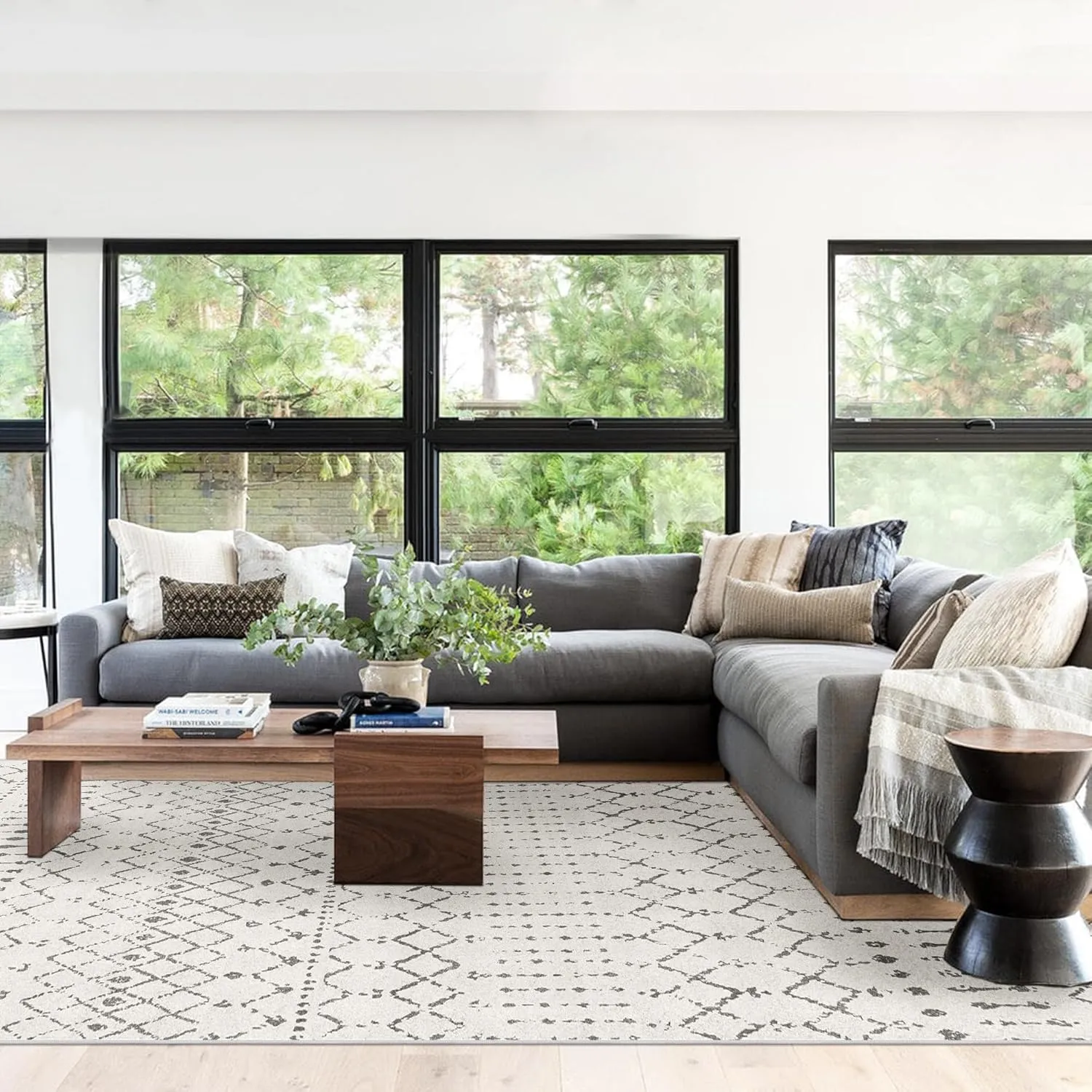 Deerly 5x7 Area Rugs for Living Room, Washable Rugs Moroccan Boho Farmhouse Rug with Non-Slip Backing, Soft Low Pile Indoor Floor Carpet Neutral Rug for Bedroom Dining Room, Off White/Grey