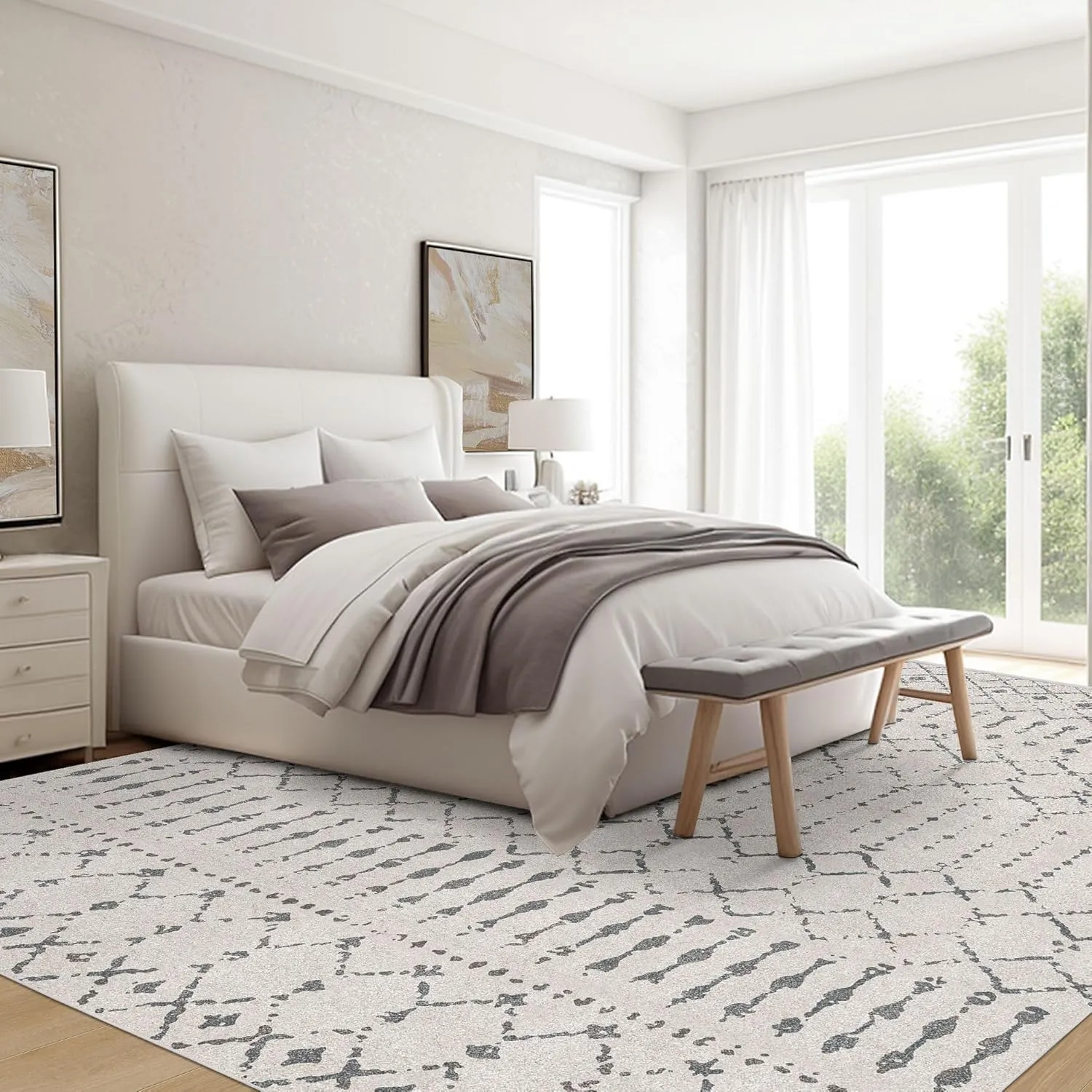 Deerly 5x7 Area Rugs for Living Room, Washable Rugs Moroccan Boho Farmhouse Rug with Non-Slip Backing, Soft Low Pile Indoor Floor Carpet Neutral Rug for Bedroom Dining Room, Off White/Grey