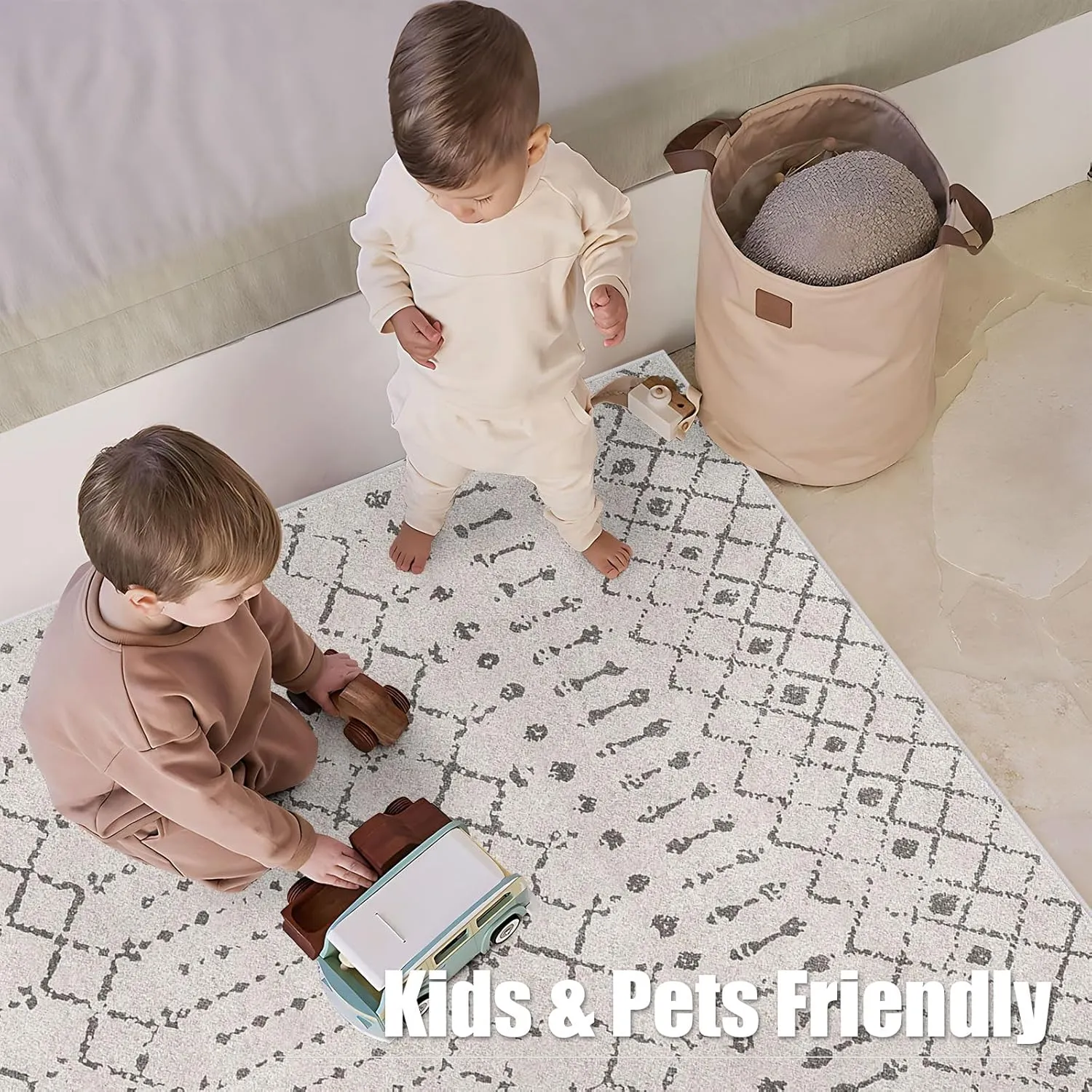 Deerly 5x7 Area Rugs for Living Room, Washable Rugs Moroccan Boho Farmhouse Rug with Non-Slip Backing, Soft Low Pile Indoor Floor Carpet Neutral Rug for Bedroom Dining Room, Off White/Grey