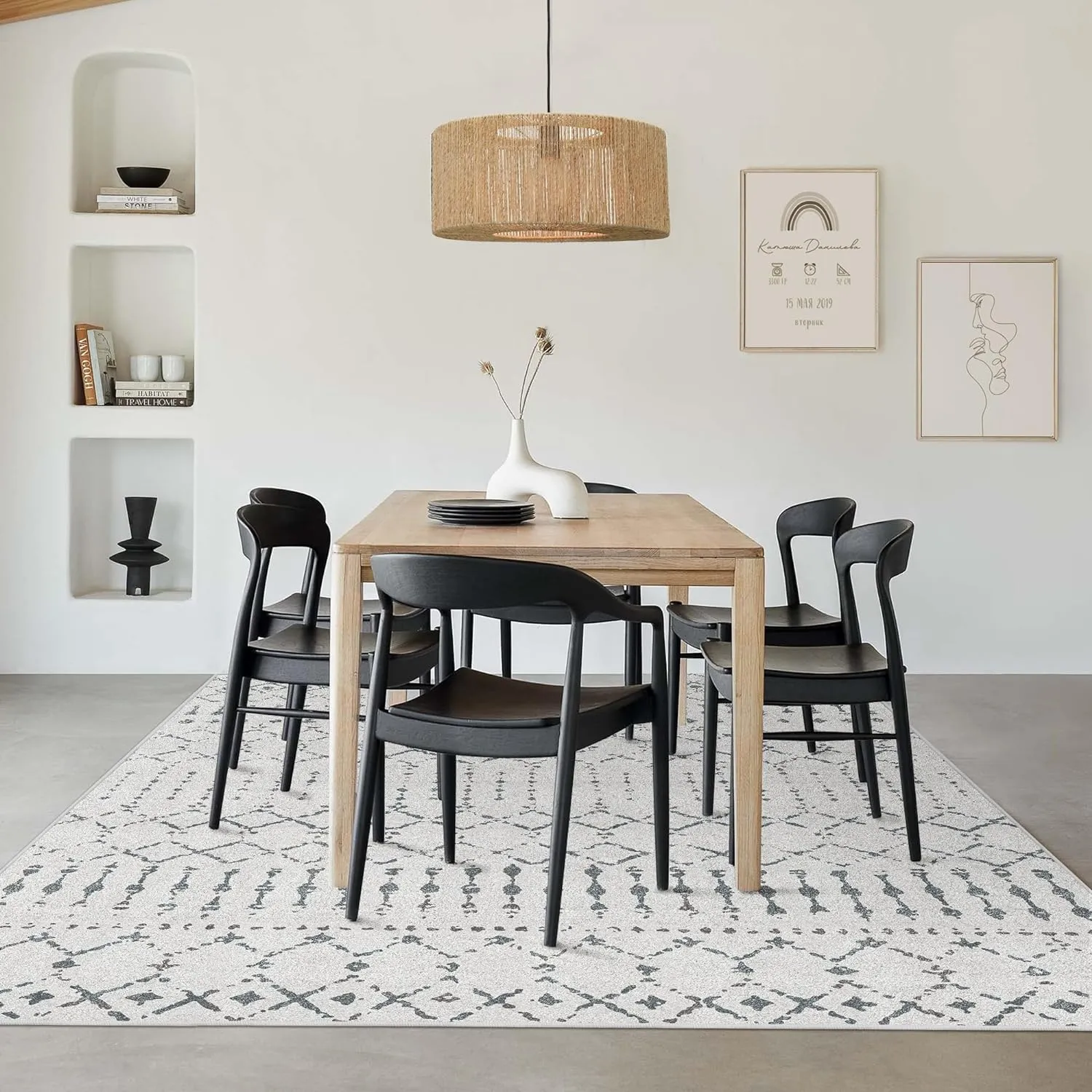 Deerly 5x7 Area Rugs for Living Room, Washable Rugs Moroccan Boho Farmhouse Rug with Non-Slip Backing, Soft Low Pile Indoor Floor Carpet Neutral Rug for Bedroom Dining Room, Off White/Grey
