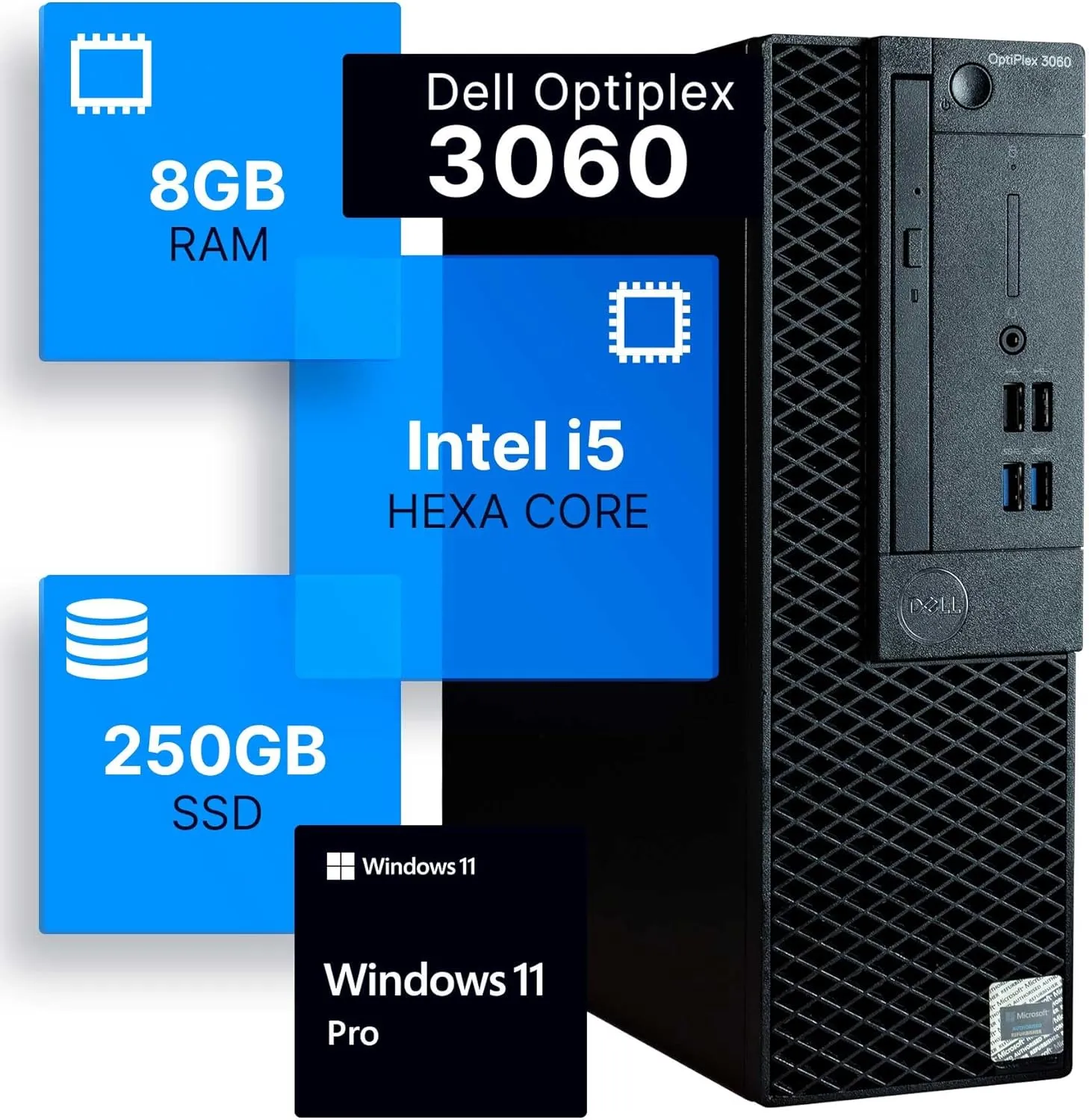 Dell Optiplex 3060 Desktop Computer | Intel i5-8500 (3.2) | 8GB DDR4 RAM | 250GB SSD Solid State | Windows 11 Professional | Home or Office PC (Renewed)