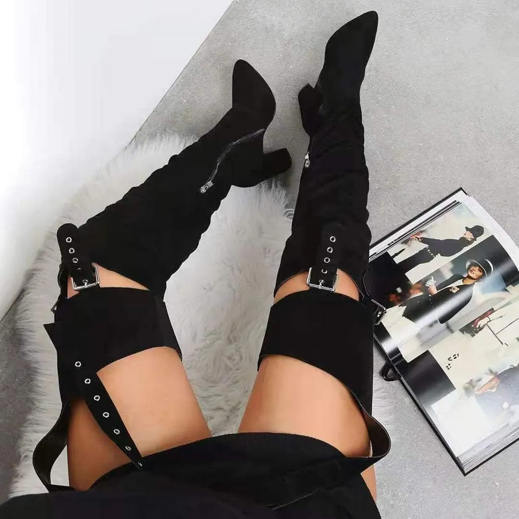 DETOGNI Women's Fashion Over The Knee Belted Pointed Toe Long Boots Sexy Buckle Strap Side Zipper Block Heels ​Thigh High Boots