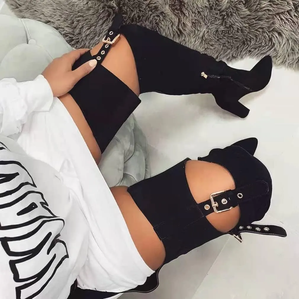 DETOGNI Women's Fashion Over The Knee Belted Pointed Toe Long Boots Sexy Buckle Strap Side Zipper Block Heels ​Thigh High Boots