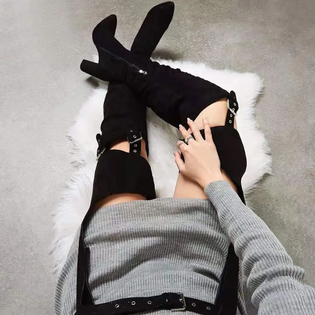 DETOGNI Women's Fashion Over The Knee Belted Pointed Toe Long Boots Sexy Buckle Strap Side Zipper Block Heels ​Thigh High Boots