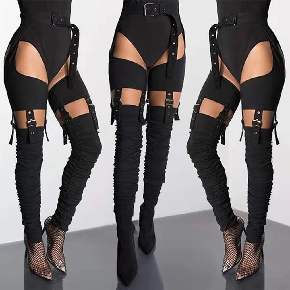 DETOGNI Women's Fashion Over The Knee Belted Pointed Toe Long Boots Sexy Buckle Strap Side Zipper Block Heels ​Thigh High Boots