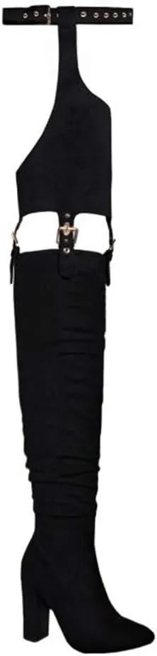 DETOGNI Women's Fashion Over The Knee Belted Pointed Toe Long Boots Sexy Buckle Strap Side Zipper Block Heels ​Thigh High Boots