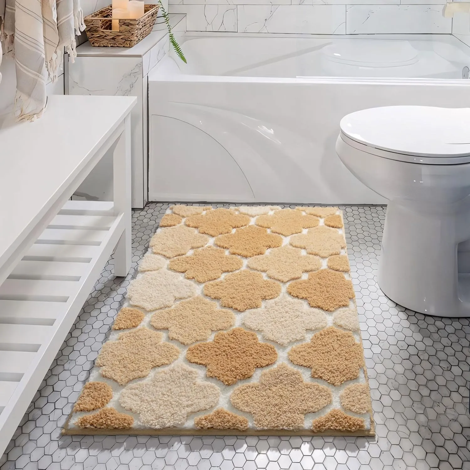 DEXDE Bathroom Rug Non-Slip, Extra Absorbent Shaggy Bath Mat, Machine Washable Soft Plush Throw Rug for Bathroom Floor Tub and Shower, 20" x 32" Beige