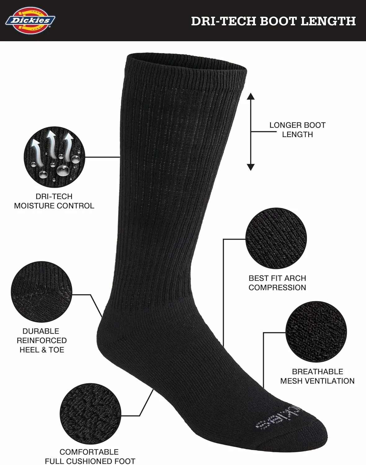 Dickies Men's Dri-Tech Moisture Control Boot-Length Socks, Available in L-XL (6, 12 Pairs)