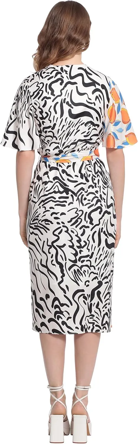 Donna Morgan Women's Contrast Printed True Wrap Dress Event Occasion Guest of