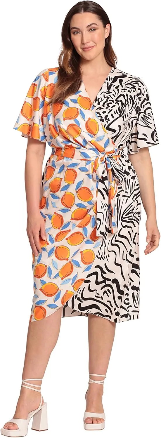 Donna Morgan Women's Contrast Printed True Wrap Dress Event Occasion Guest of