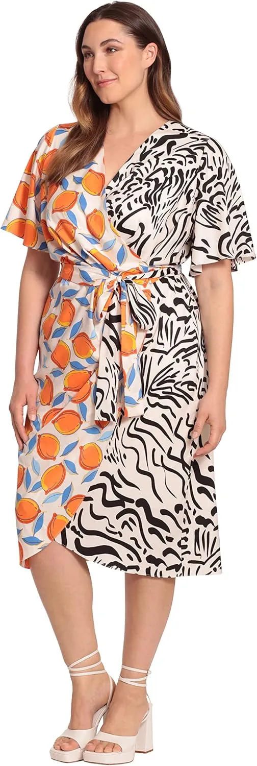 Donna Morgan Women's Contrast Printed True Wrap Dress Event Occasion Guest of