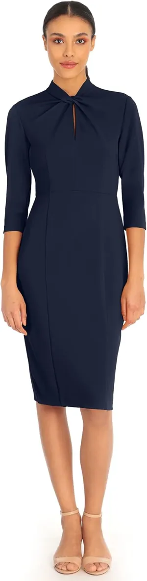 Donna Morgan Women's Stretch Crepe 3/4 Sleeve Twisted Neckline Sheath Dress