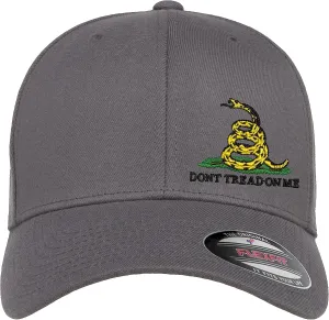 Don't Tread On Me Snake Side Logo Embroidered Flexfit Fitted Ball Cap Political Black Grey Navy Olive Curved or Flat Brim