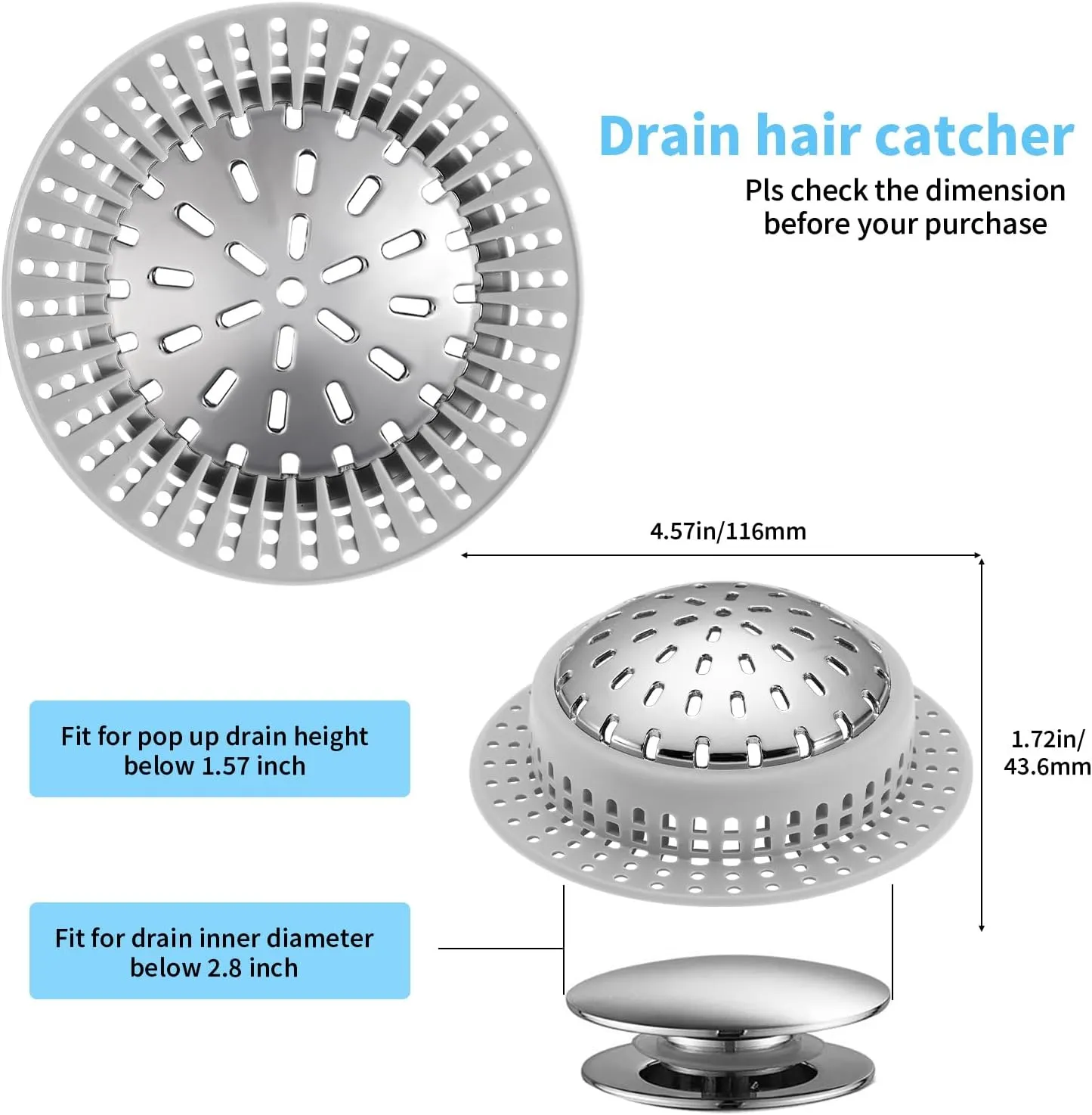Drain Hair Catcher, Upgraded Drain Catcher with Silicone Designed for Regular Drains, Catch Hair Easily Without Slowing Drainage, Prevent Clogging Plug Hole Hair Catcher (Large)