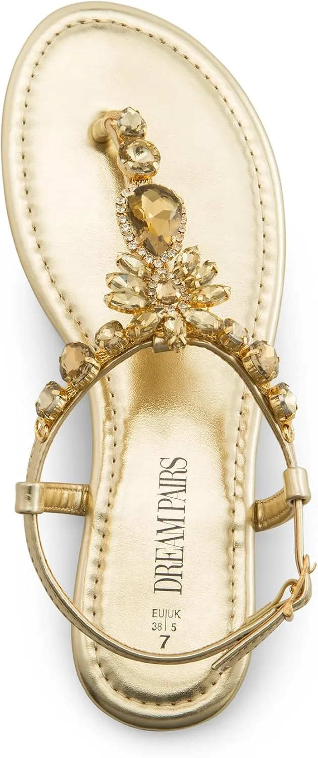 DREAM PAIRS Flat Sandals for Women Dressy Rhinestone T-Strap Thong Flat Sandals for Summers Dress Beach
