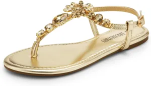 DREAM PAIRS Flat Sandals for Women Dressy Rhinestone T-Strap Thong Flat Sandals for Summers Dress Beach