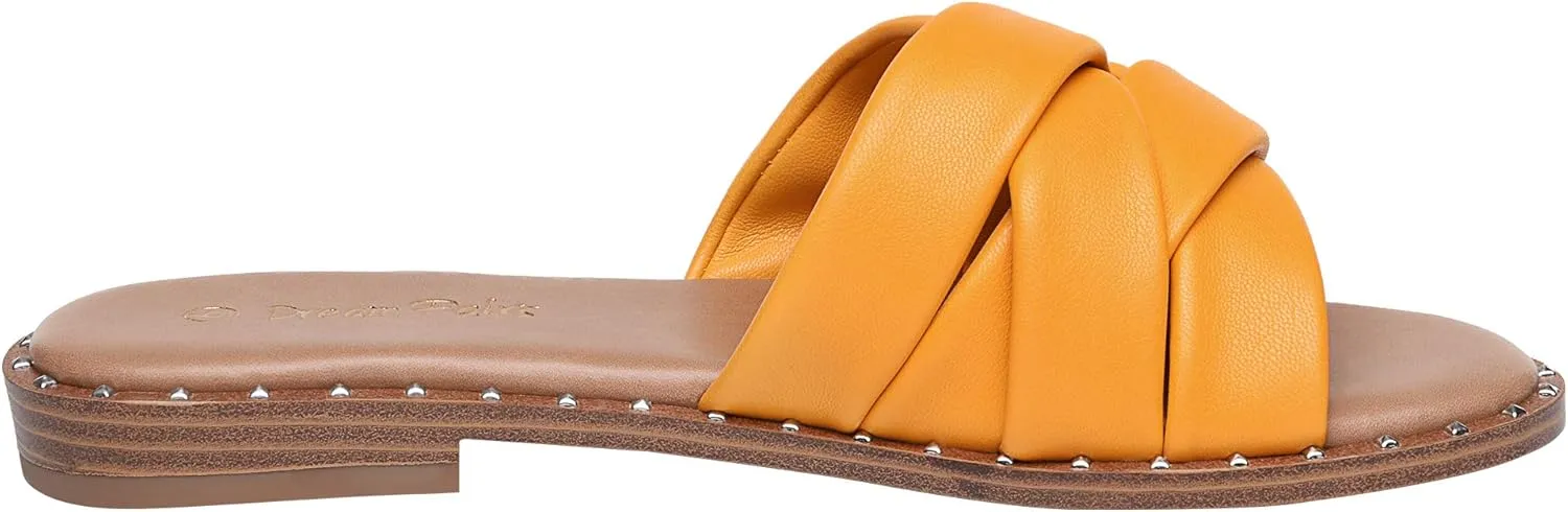 DREAM PAIRS Women' s Cute Slip On Studded Flat Slides Sandals