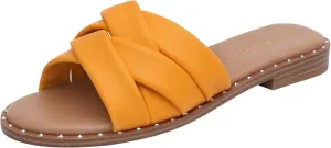 DREAM PAIRS Women' s Cute Slip On Studded Flat Slides Sandals