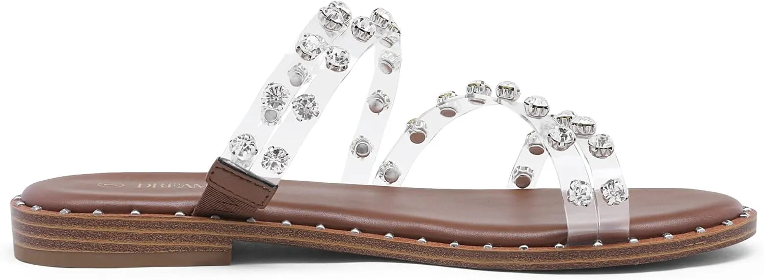 DREAM PAIRS Women's Clear Studded Rhinestone Slide Sandals Slip on Open Toe Cute Flat Sandals for Summer