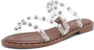 DREAM PAIRS Women's Clear Studded Rhinestone Slide Sandals Slip on Open Toe Cute Flat Sandals for Summer
