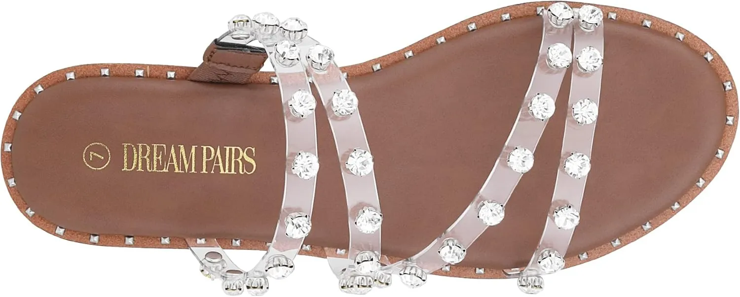 DREAM PAIRS Women's Clear Studded Rhinestone Slide Sandals Slip on Open Toe Cute Flat Sandals for Summer