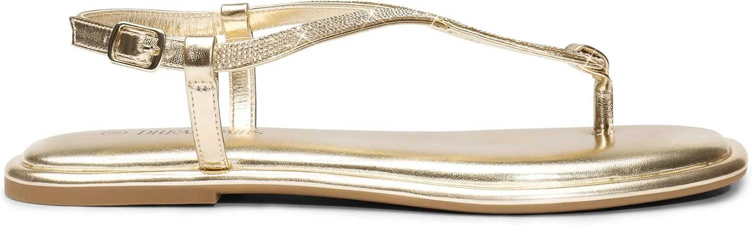 DREAM PAIRS Women's Flat Sandals Fashion Rhinestone Flat Sandals with Ankle Strap for Summers Dress Casual