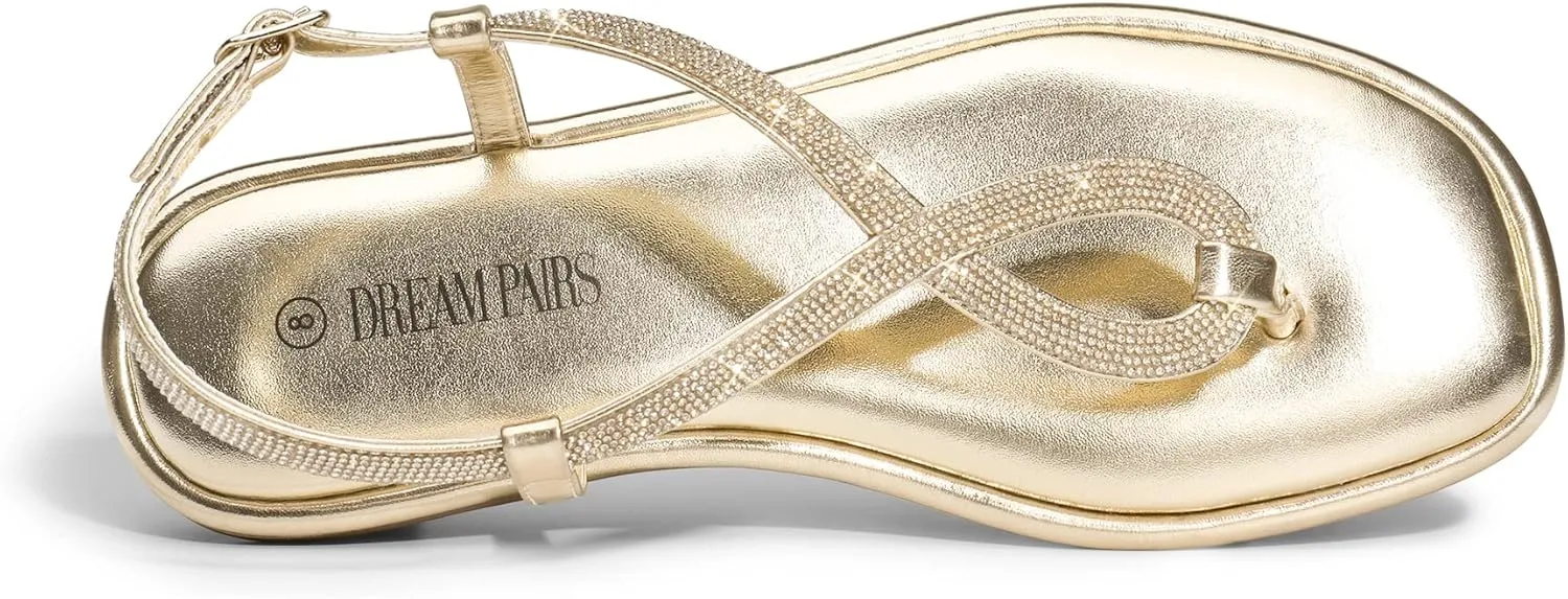 DREAM PAIRS Women's Flat Sandals Fashion Rhinestone Flat Sandals with Ankle Strap for Summers Dress Casual