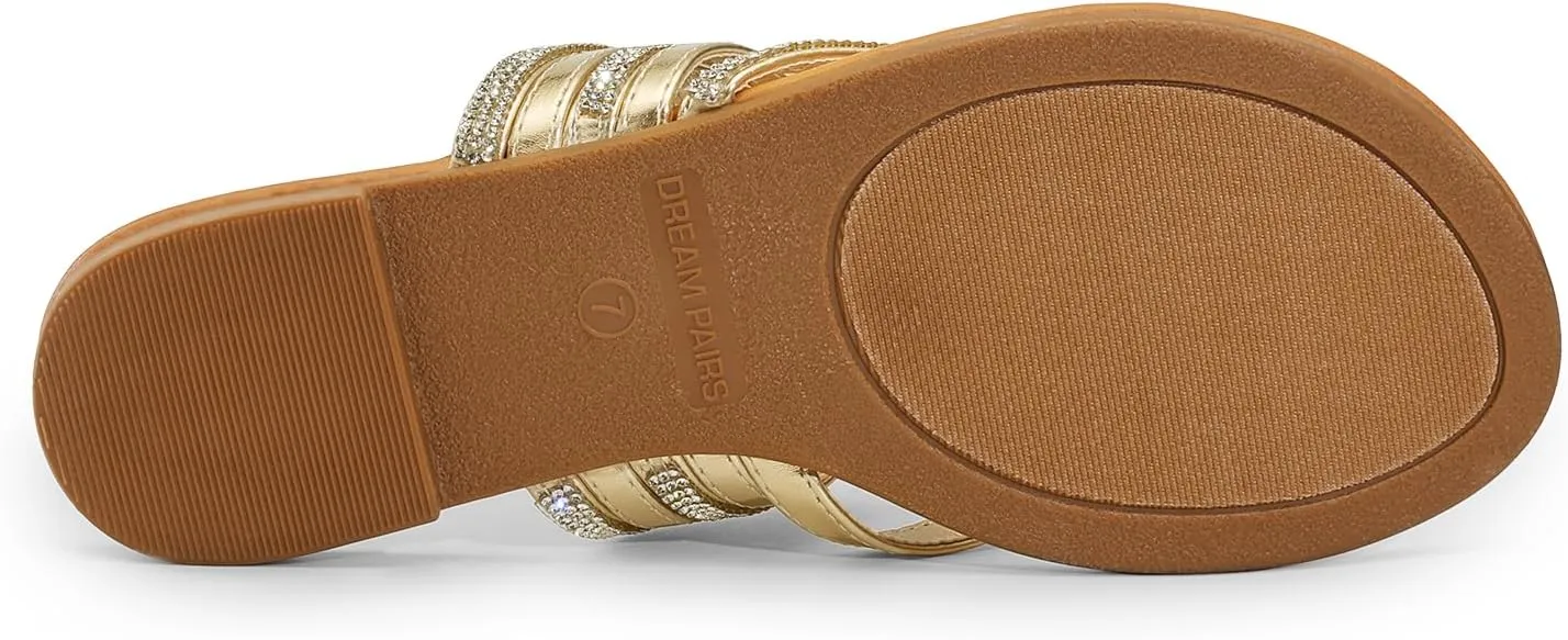 DREAM PAIRS Women's Sparkly Flip Flops Round Toe Multi Strap lightweight Summer Beach Flat Casual Thong Sandals