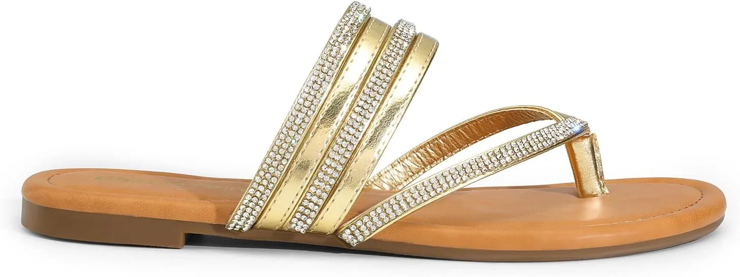 DREAM PAIRS Women's Sparkly Flip Flops Round Toe Multi Strap lightweight Summer Beach Flat Casual Thong Sandals